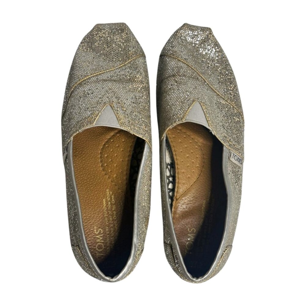 Toms Sparkle Flat Shoes Slip-On Round Toe Iridescent Silver Glitters Size 7.5W